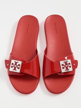 Original Tory Burch Red Patent Slide Sandals with Silver Logo Buckle